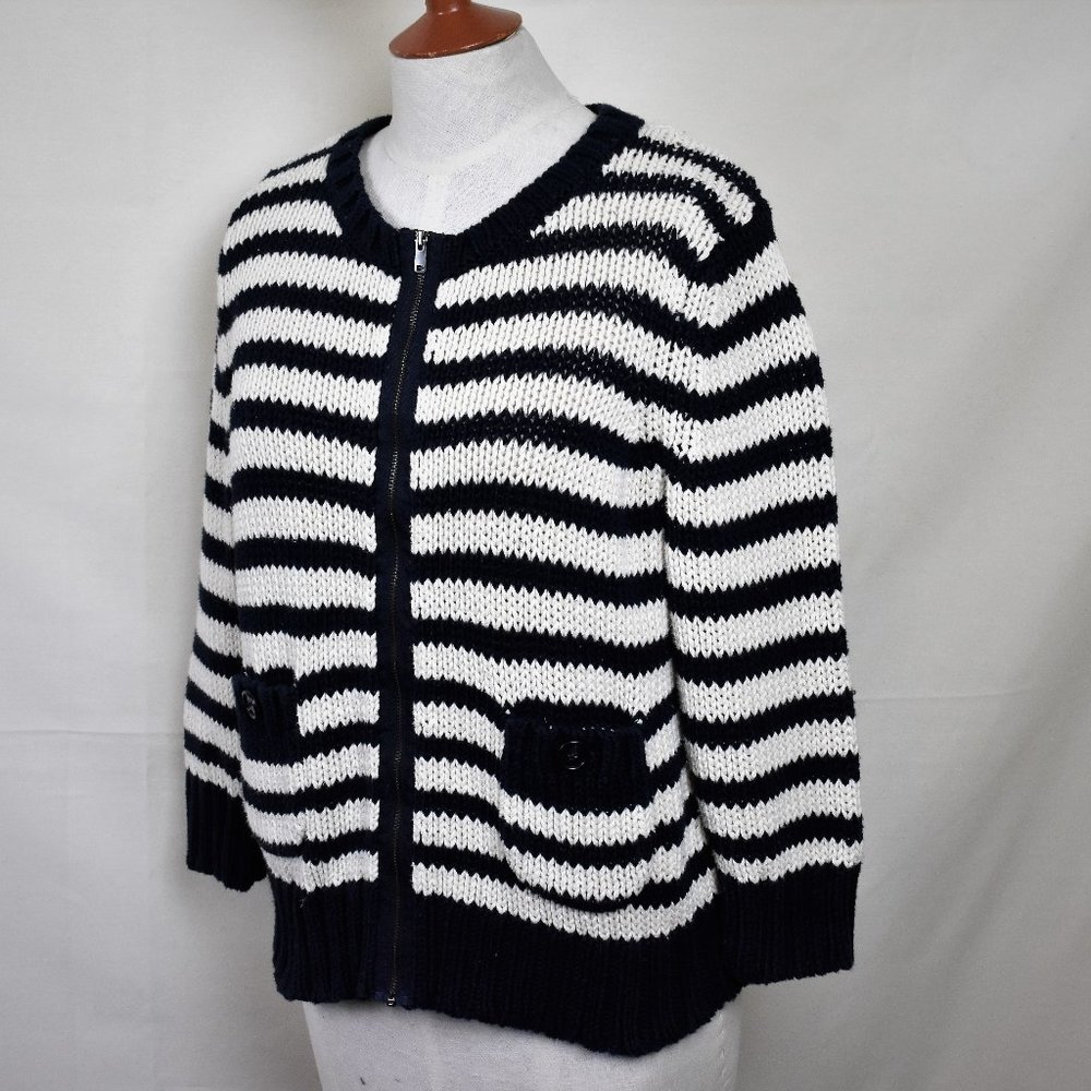 LOFT Sweater L Blue White Stripe Crew Neck Zip Front CottonLong Sleeve